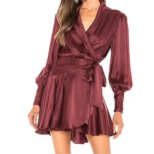Zimmermann mini wrap silk dress in burgandy
